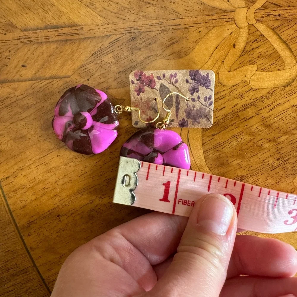 Polymer clay flower Pink and Brown Dangle Earrings - Picture 11 of 12